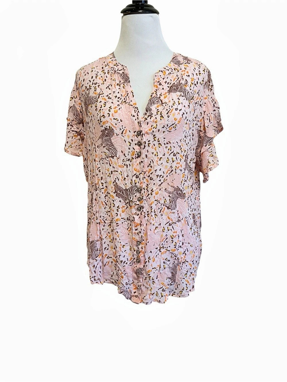 Democracy large Pink Safari Zebra & Animal Print Button-Down Short-Sleeve blouse